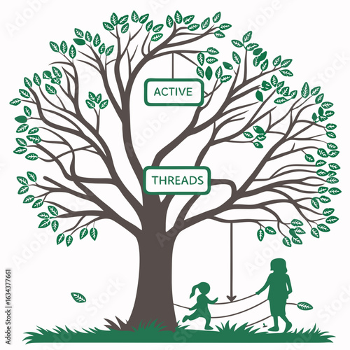 Silhouette of Two Girls Playing Near a Green Leafy Tree with Active Threads Sign