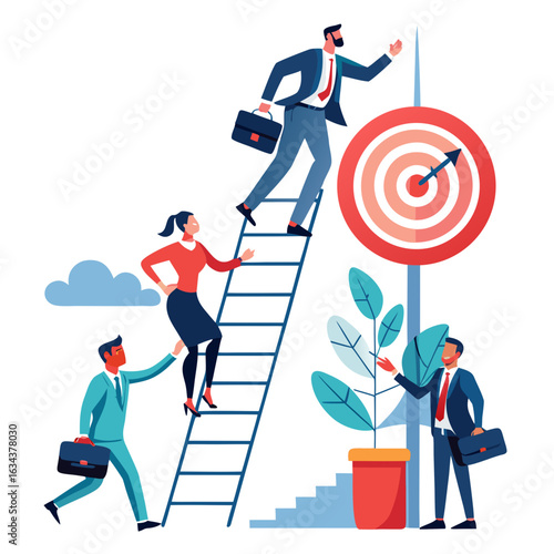 Business people climbing ladder to reach target isolated on white background
