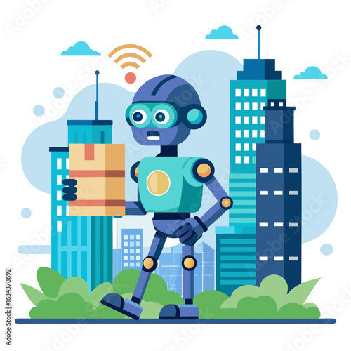 Robot delivering package in futuristic city isolated on white background