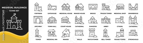Medieval Buildings icon collection set. Containing design Fortress, Gatehouse, Medieval House, Manor House, Bridge