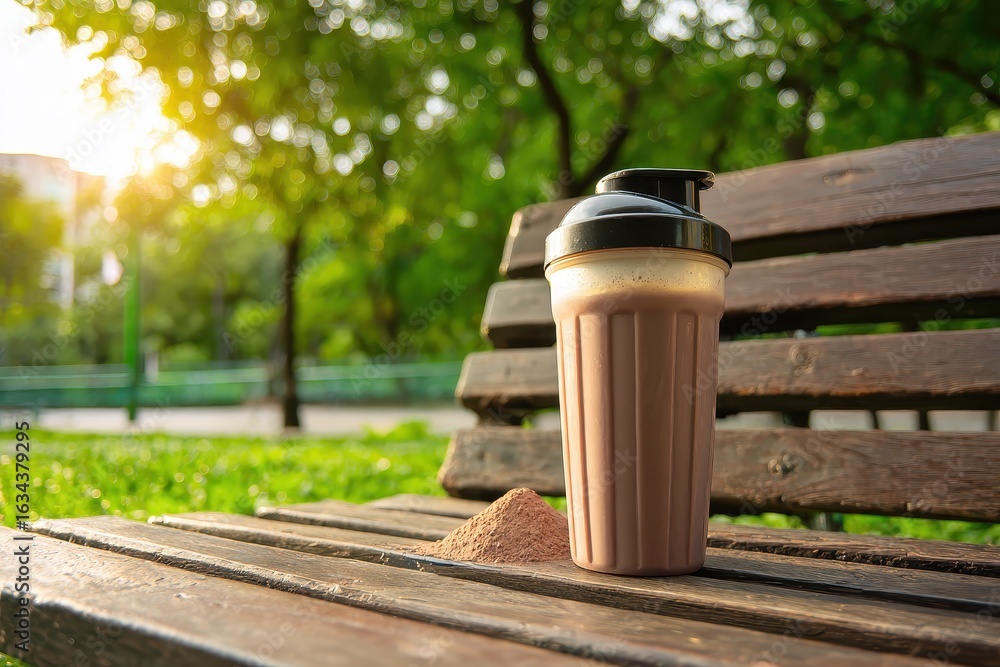 Fototapeta premium Refreshing Protein Shake on a Sunny Park Bench Surrounded by Nature