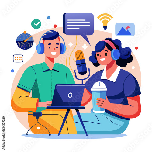 Two podcasters are recording a new episode isolated on white background