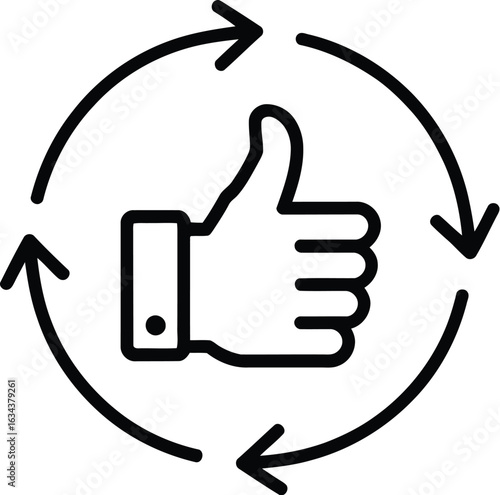 Circular arrows surrounding a thumbs up icon symbolizing positive feedback and approval