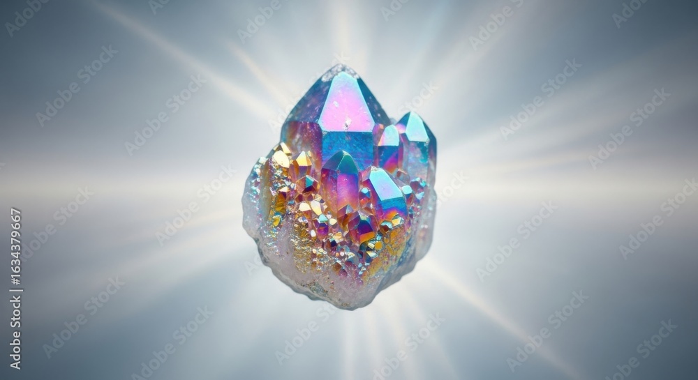 Fototapeta premium Vibrant Iridescent Crystal with Light Rays Radiating in Bright Background