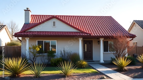 Suburban house with red roof and front garden, bathed in afternoon sunlight and architectural charm.
