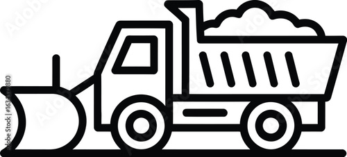Outline illustration of a dump truck with a snow plow attachment and a load of snow