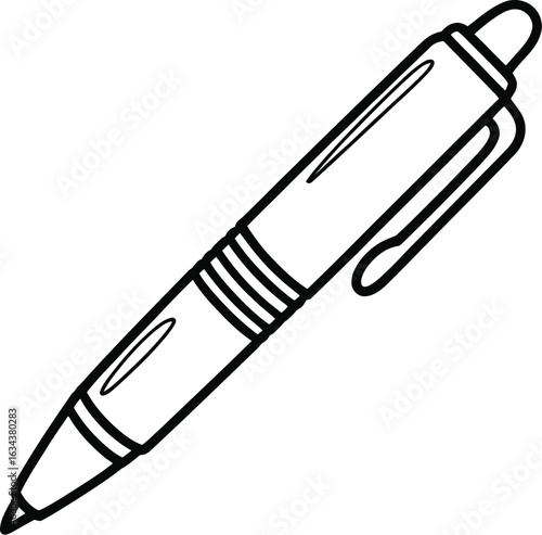Simple hand drawn outline of a modern ballpoint pen on a plain background