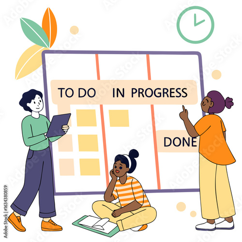 Team members are collaborating on a project using a kanban board system