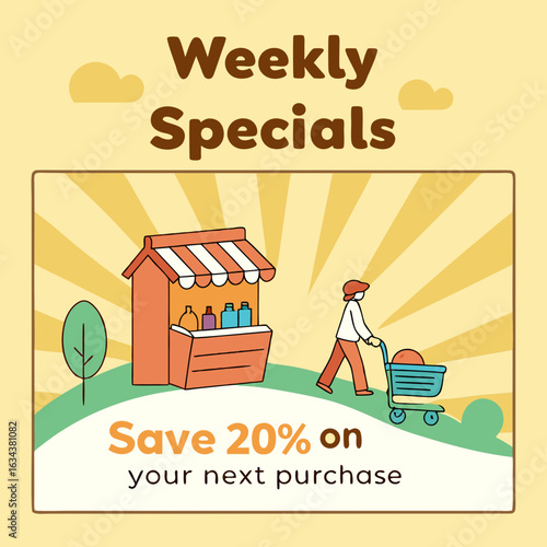 Weekly Specials Illustration Featuring a Person Shopping at a Market Stand with a 20 Percent Discount