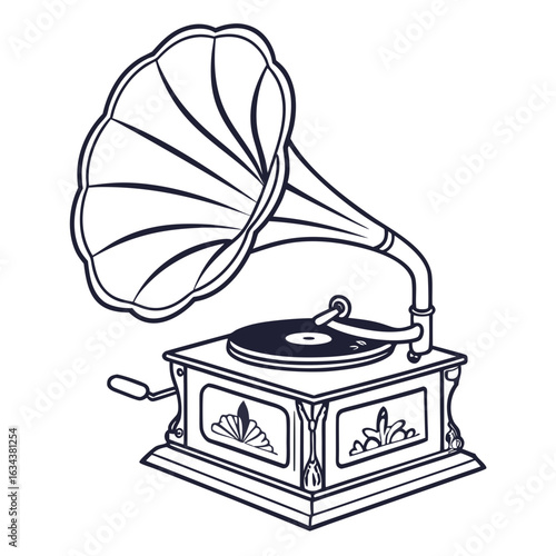 Vintage phonograph isolated on white background, a classic music player design
