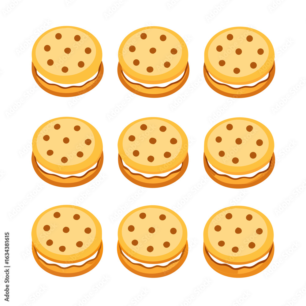 Obraz premium Nine cream sandwich cookies isolated on white background, arranged in a grid