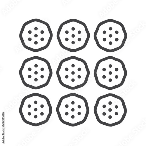 Nine round cookies with dot patterns isolated on white background