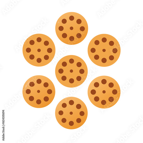 Seven chocolate chip cookies arranged in a circle isolated on white background