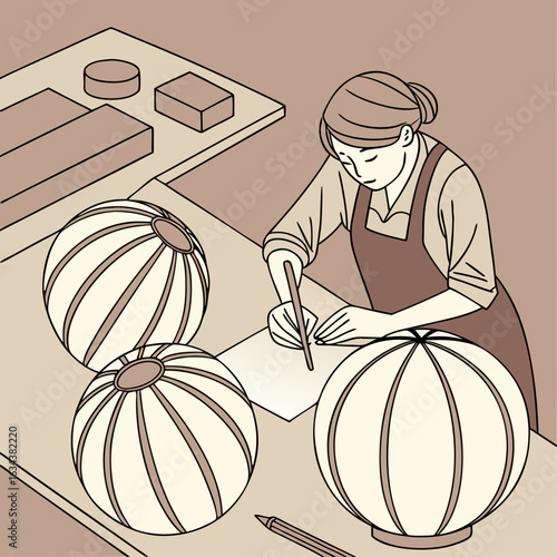 Woman Craftsperson Drawing Designs for Spherical Objects
