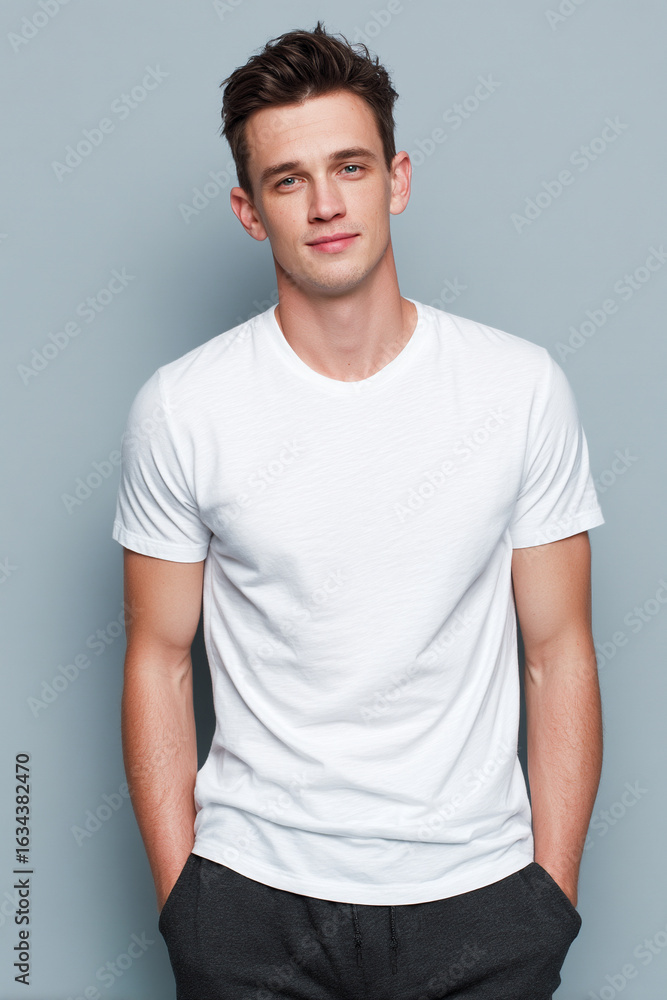 Fototapeta premium A beautiful male model wearing a tight small size white t-shirt. A product shot for fashion and apparel. best use for mockup