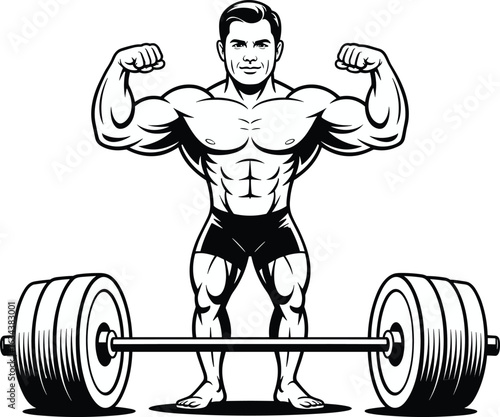 Strong bodybuilder flexing biceps with heavy barbell fitness mascot, gym logo, strength training icon, and bodybuilding vector art