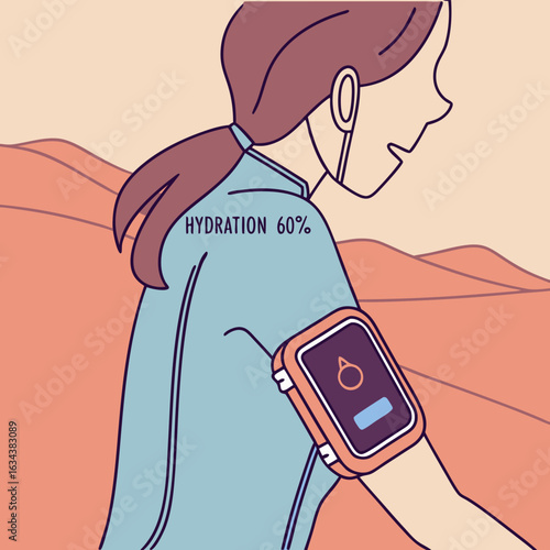 Woman Running in Desert Landscape, Hydration Tracker Smartwatch Illustration