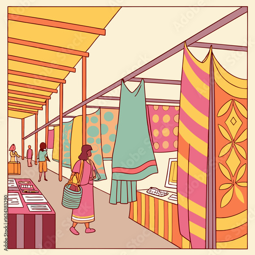 Woman Shopping at Vibrant Textile Market with Colorful Fabrics and Patterns