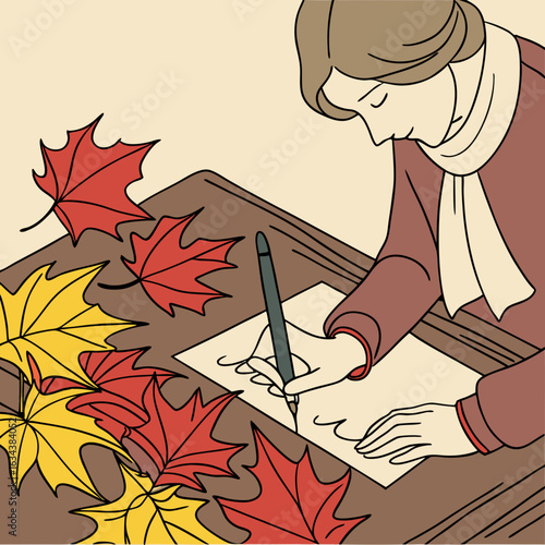 Woman Writing a Letter Amidst Autumn Leaves