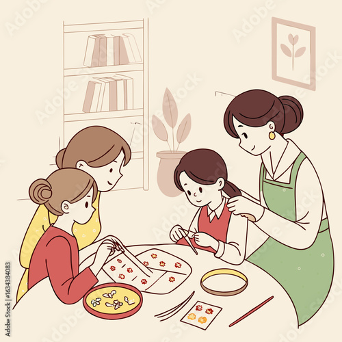 Women and Girls Engaging in a Craft Project Together at Home