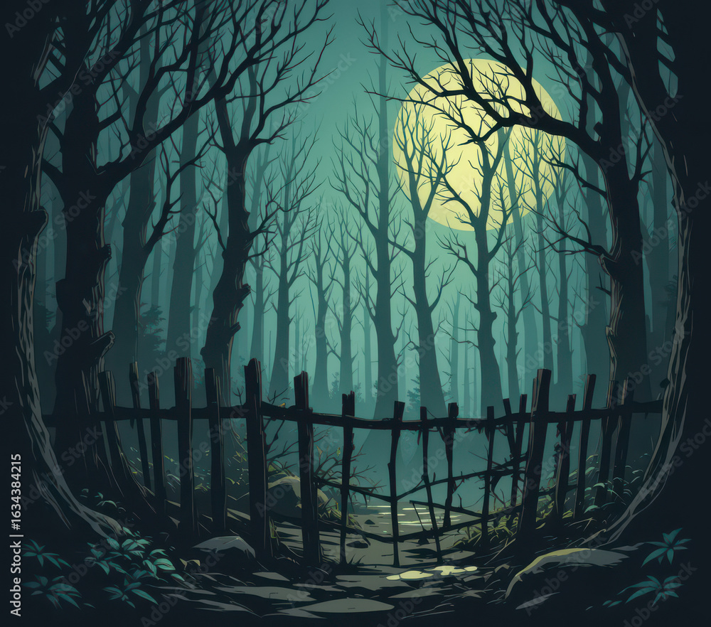 Naklejka premium Dark Forest at Night: A mystical scene of a dark forest at night with a full moon. A weathered fence stands in front of bare trees under the moonlight, casting an eerie and mysterious glow
