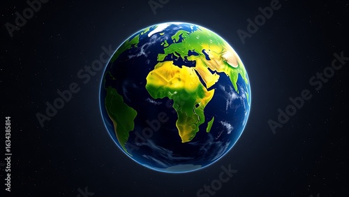 A vibrant green Earth globe floating among stars in a cosmic setting.