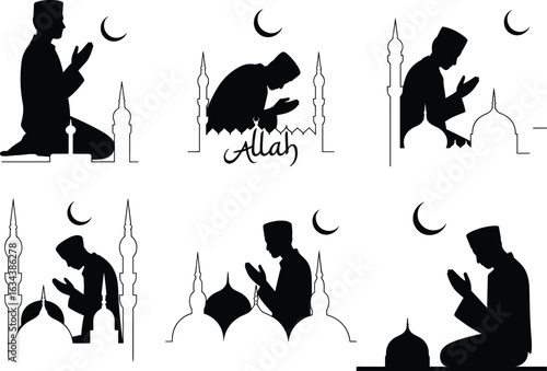 Islamic prayer silhouettes of men praying in front of mosques and crescent moons. Ideal for Ramadan, Eid, and Islamic designs