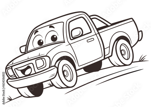 Cute cartoon pickup truck line art, simplified shapes, friendly design, coloring book style, thick outlines, white background, no shadows