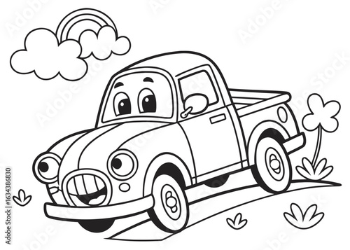 Cute cartoon pickup truck line art, simplified shapes, friendly design, coloring book style, thick outlines, white background, no shadows