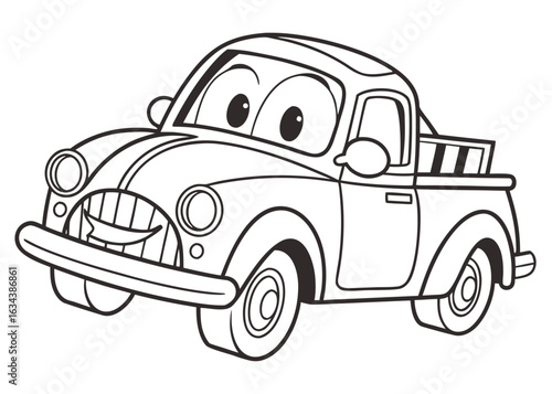 Cute cartoon pickup truck line art, simplified shapes, friendly design, coloring book style, thick outlines, white background, no shadows