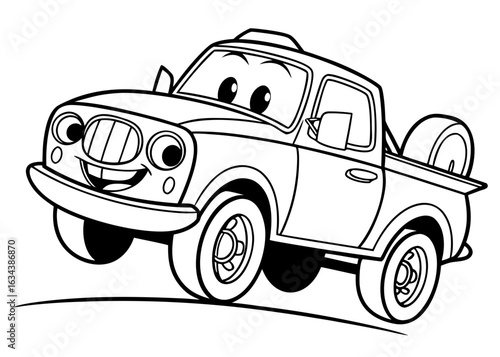 Cute cartoon pickup truck line art, simplified shapes, friendly design, coloring book style, thick outlines, white background, no shadows