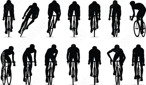 Cyclist silhouette vector, professional road biker icon, racing bicycle shadow pose, sport cycling illustration, athlete motion design, workout training graphic, fitness competition element
