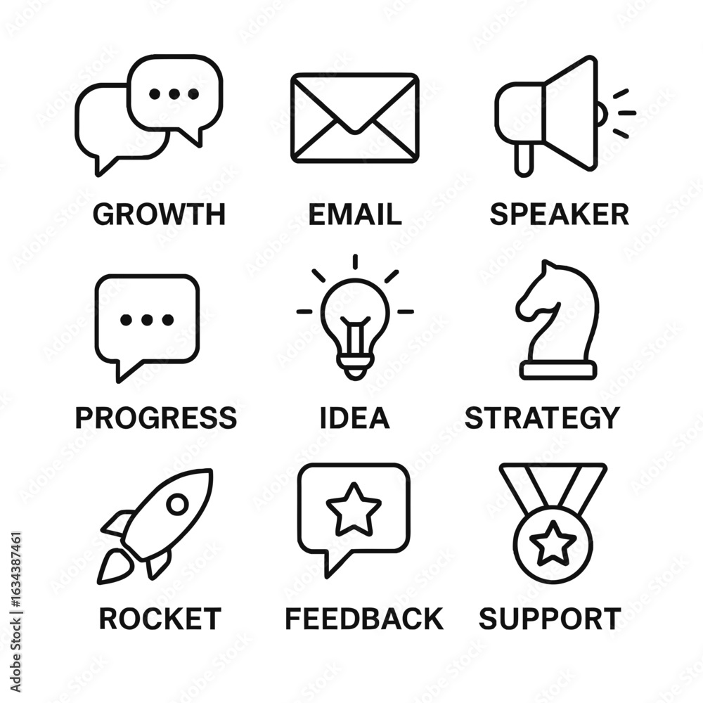 Fototapeta premium Business growth strategy progress idea email speaker rocket feedback support vector icons set for success