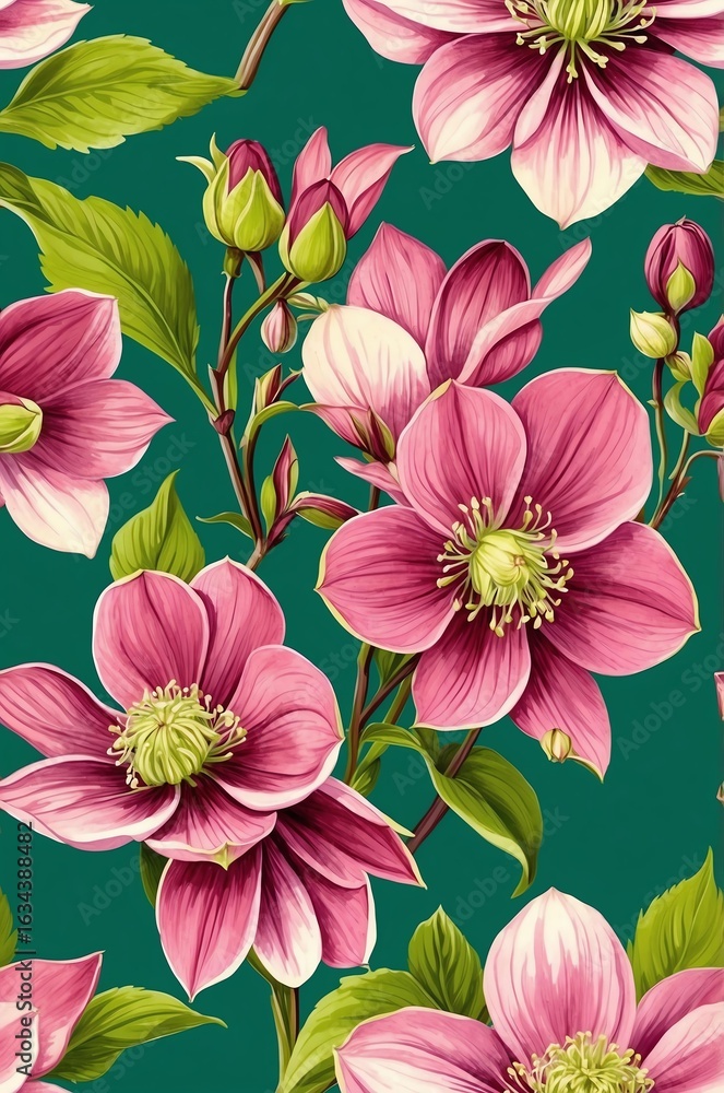 Obraz premium Hellebores on green background cartoonish seamless pattern