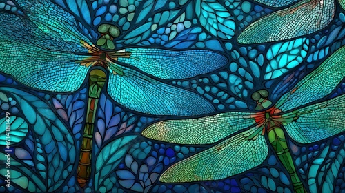 A vibrant stained glass artwork featuring intricately designed dragonflies amidst lush, colorful foliage.