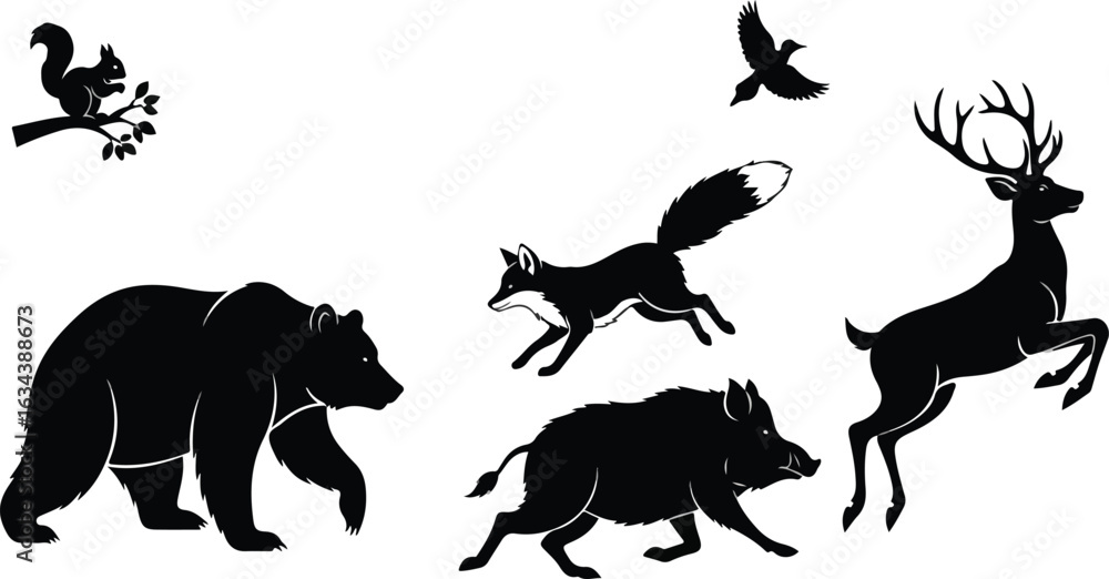 Fototapeta premium Forest animal silhouette set. Includes bear, deer, fox, boar, squirrel, and bird. Black vector icons for wildlife, nature conservation, and outdoor design.