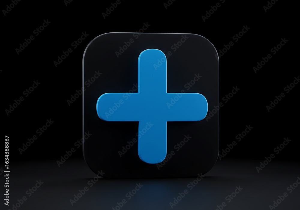 Obraz premium Glowing Blue Plus Icon: Dark 3D Render