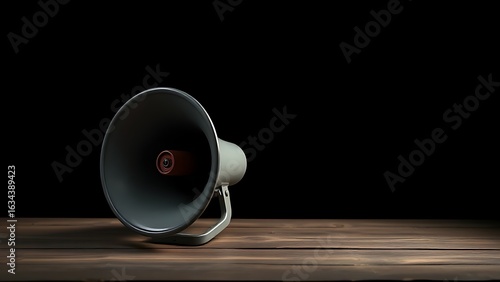 Vintage megaphone on wooden surface with dramatic lighting, evoking nostalgic and minimalist aesthetics.