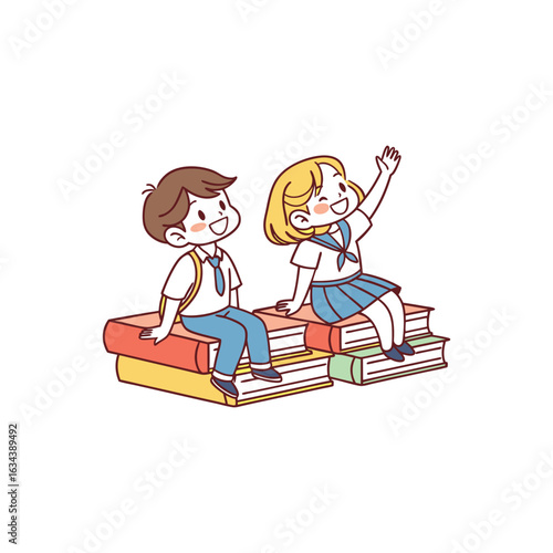 Happy School Children on a Stack of Books