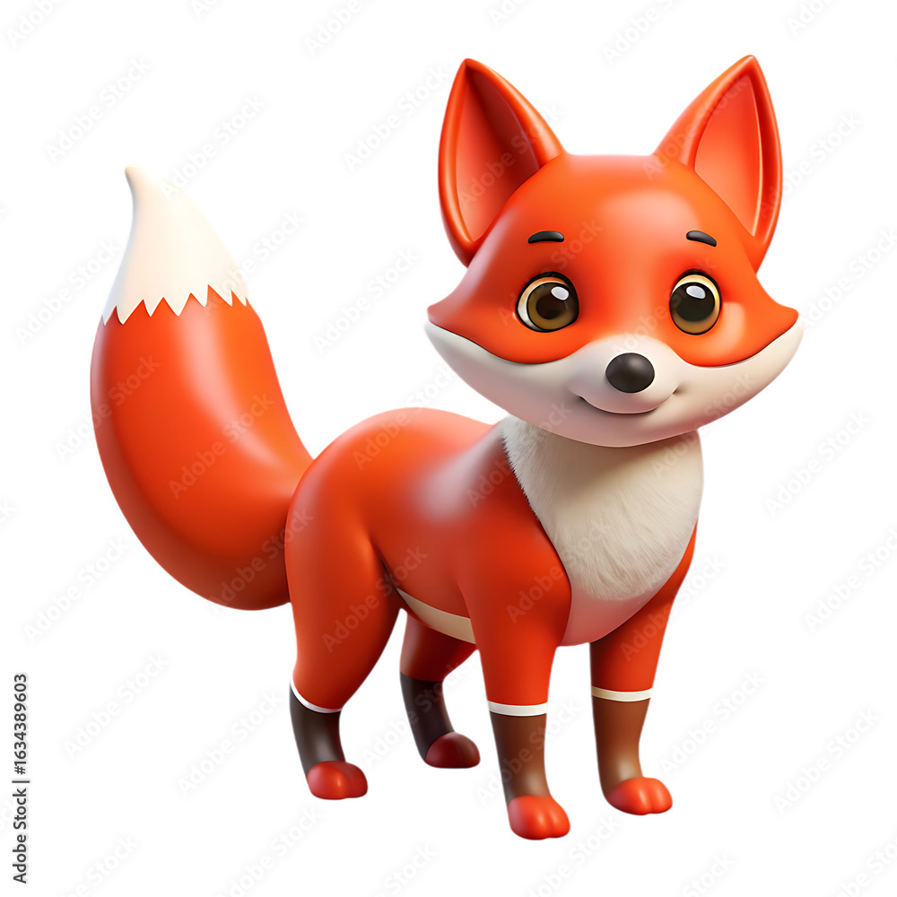 Fototapeta premium Cute cartoon fox standing with a fluffy tail and big eyes