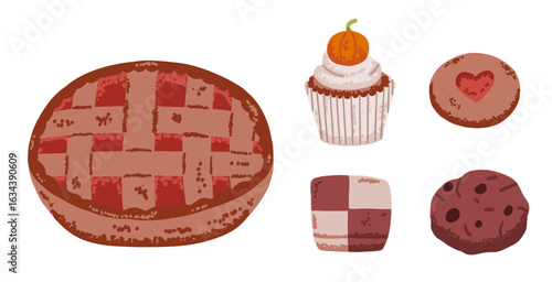 Set of bakery element: apple pie, chocolate cookie, muffin. Cozy autumn sweet in flat style