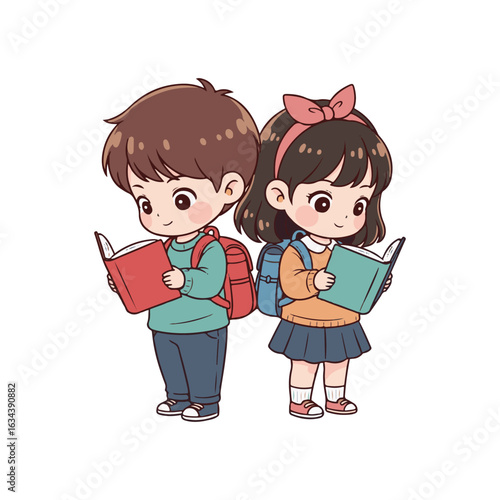 Cute Students Reading Books, Back To School Illustration