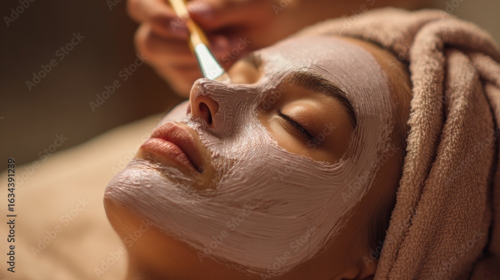 Naklejka premium Relaxing Face Mask Application in Beauty Salon With Warm Background Providing a Soothing Atmosphere During a Skincare Treatment Session