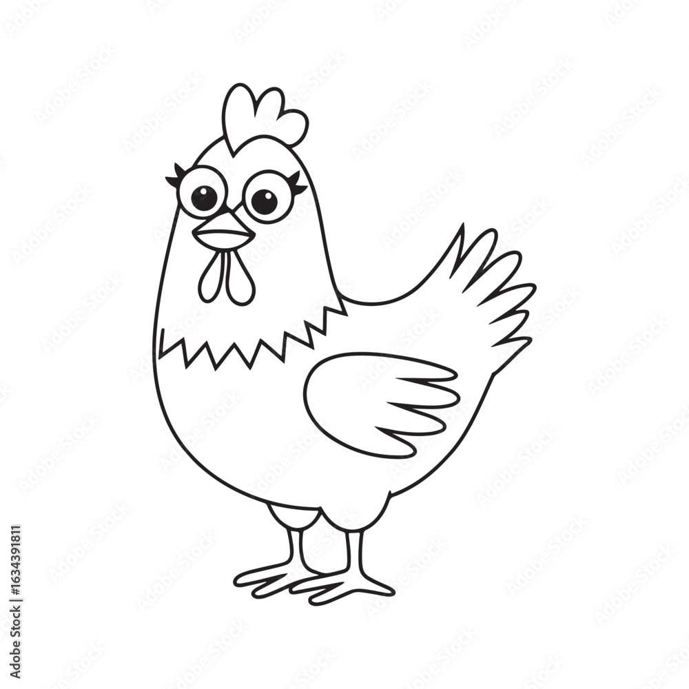 Fototapeta premium Cute Cartoon Chicken with Glasses Coloring Page Graphic for Kids and Farm Designs