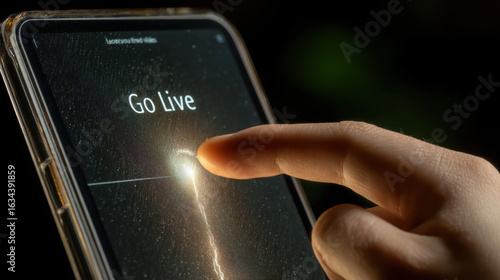 Finger pressing glowing Go Live button on smartphone screen, symbolizing excitement of starting live broadcast. vibrant light adds dynamic touch to moment