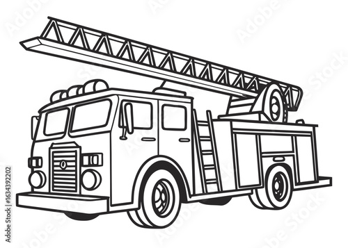Fire truck line art, ladder and hose simplified, thick contour lines, coloring book page, isolated on white, easy to color
