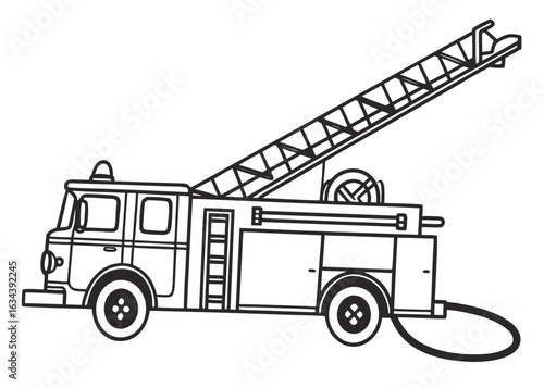 Fire truck line art, ladder and hose simplified, thick contour lines, coloring book page, isolated on white, easy to color