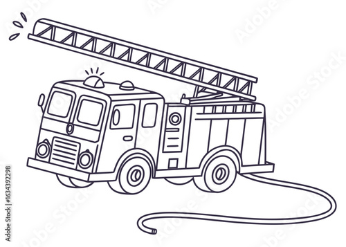 Fire truck line art, ladder and hose simplified, thick contour lines, coloring book page, isolated on white, easy to color