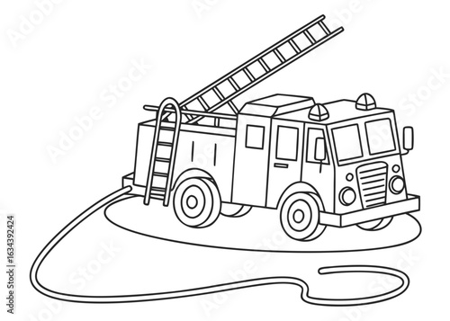 Fire truck line art, ladder and hose simplified, thick contour lines, coloring book page, isolated on white, easy to color