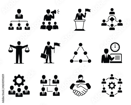 Wallpaper Mural Business Hierarchy and Leadership Icons,  Glyph Vector Set with Organizational Charts, Team Roles, Authority Management, and Corporate Structure Symbols
 Torontodigital.ca